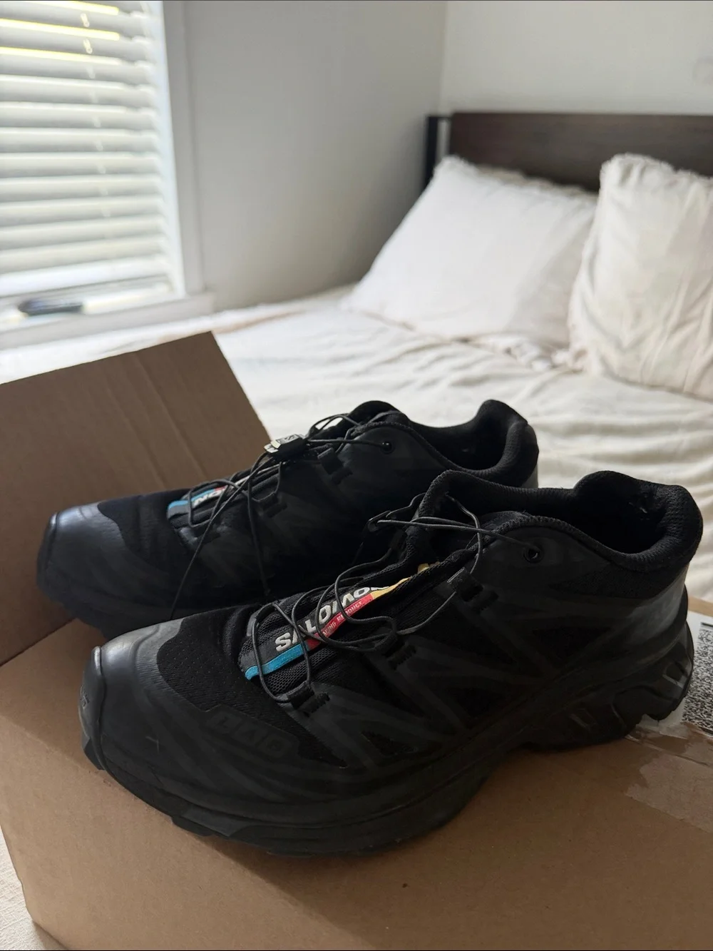 Salomon Black Trail Running Shoes with Small Blue and Red Accents